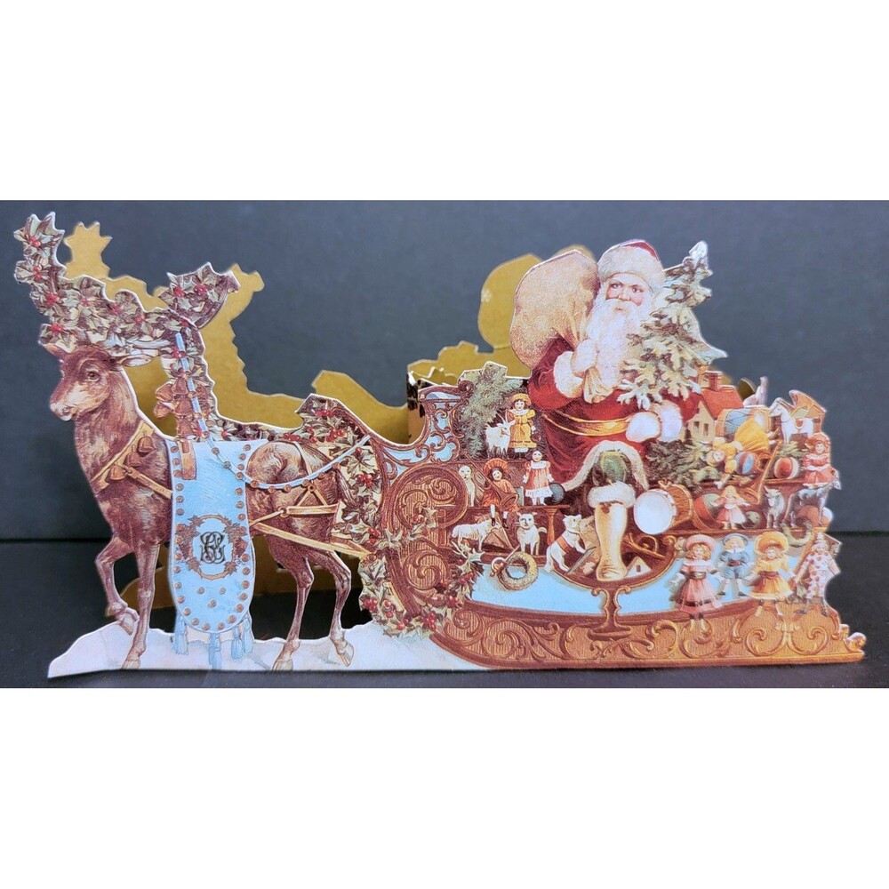 Vintage 1990 Santa & Reindeer Basket Box 3D Pop-up or Dimensional Card